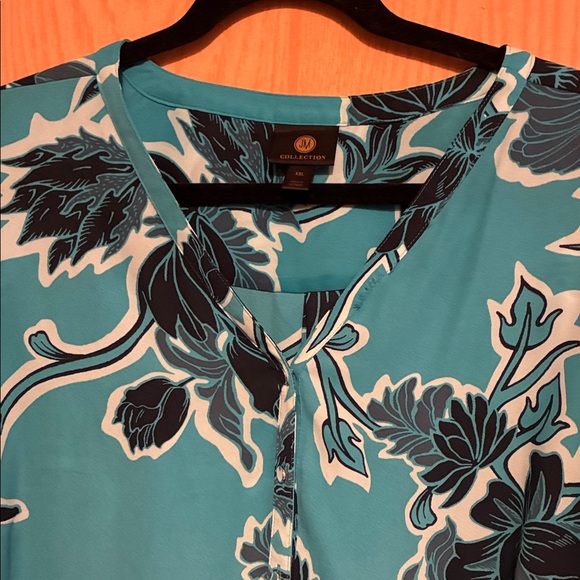 JM Collection Teal and Navy Floral Blouse - Picture 2 of 4